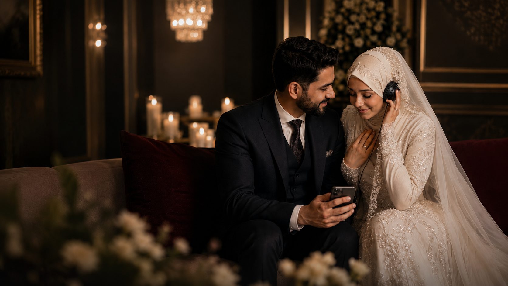 A bride and groom sharing their wedding song together
